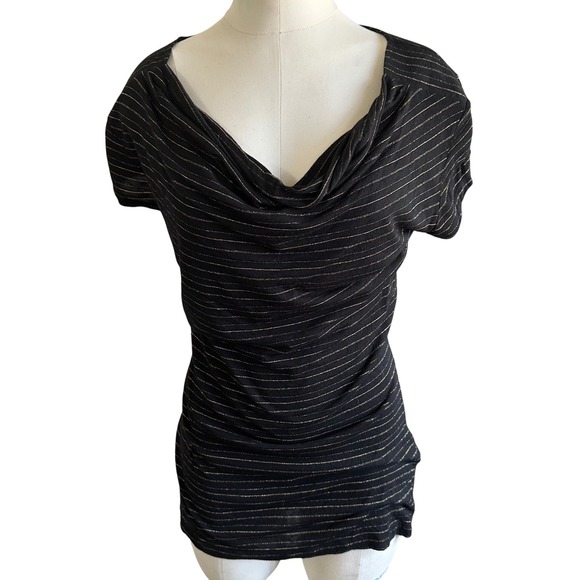 Banana Republic Top Cowl Neck‎ Short Sleeve Striped Blouse Black Gold M - Picture 1 of 8